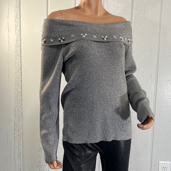 *Lauren Michelle Women’s Grey Off The Shoulder Sweater Sz L - Picture 3 of 13